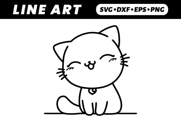 Adorable Cartoon Cat Line Art for Embroidery