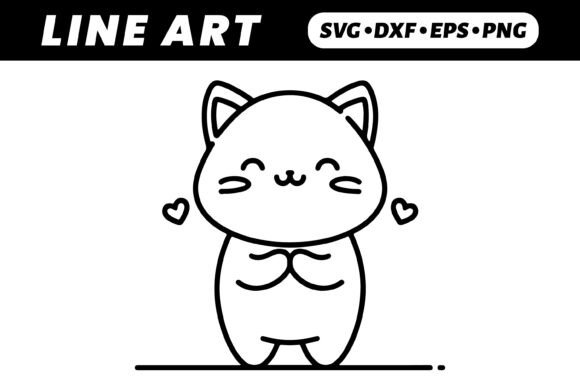 Adorable Kawaii Cat Line Art for Embroidery