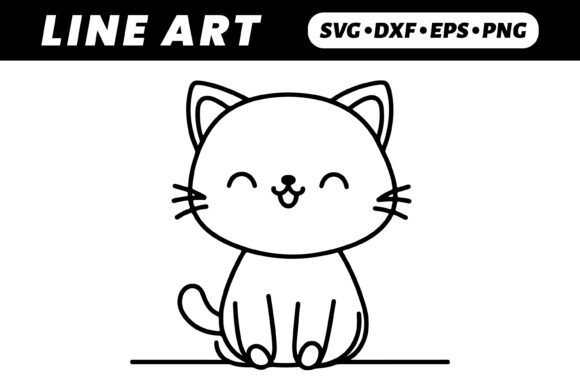 Cute Cartoon Cat Line Art for Embroidery