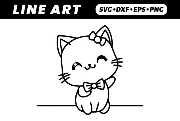 Cute Kawaii Cat Cartoon Line Art for Embroidery