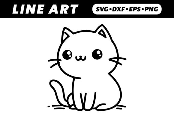 Cute Kawaii Cat Line Art for Embroidery Projects