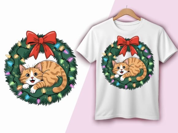 Festive Cat in Christmas Wreath Lights