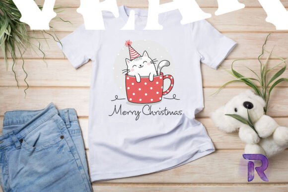Merry Christmas Cute Cat Latte Embroidery Design