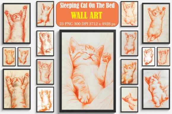 Sleeping Cat on the Bed Sketch Wall Art